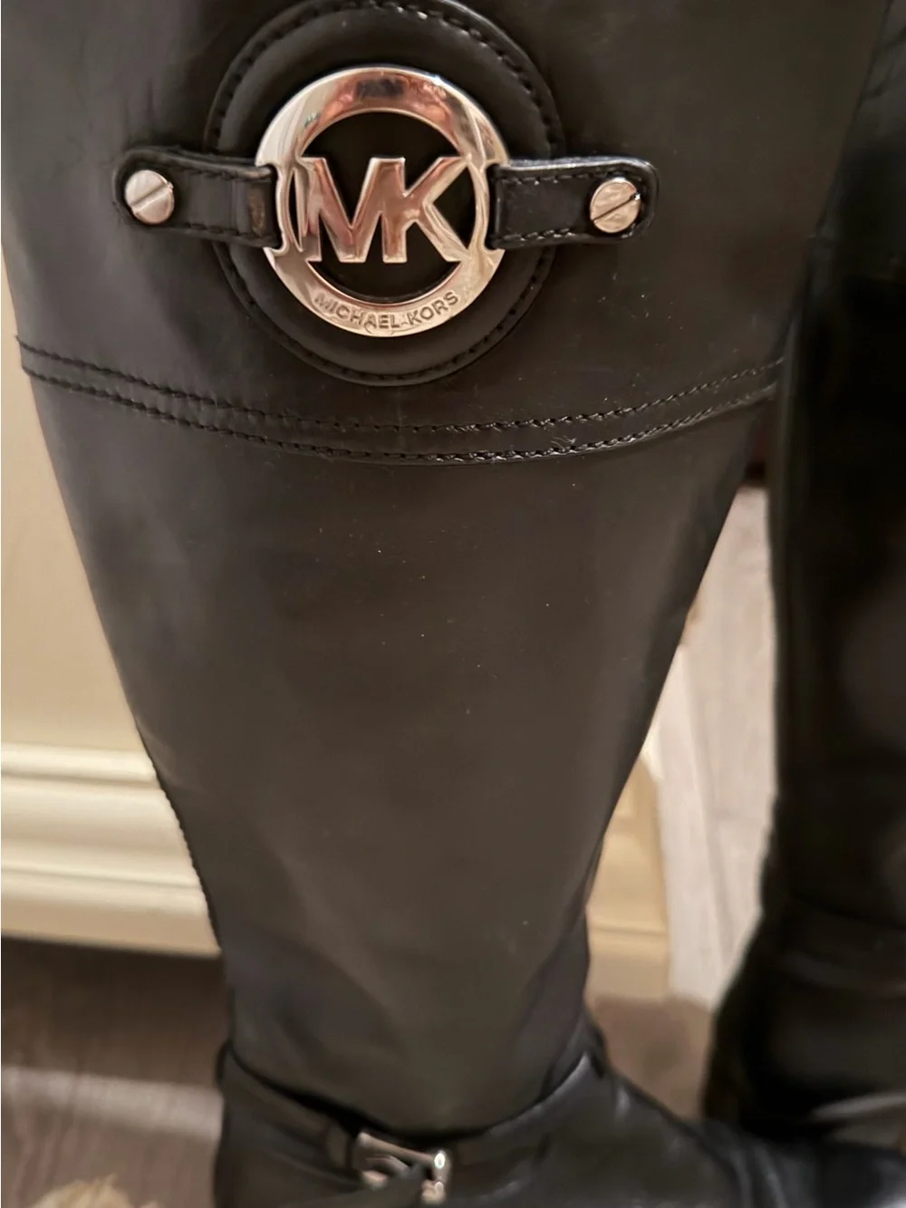 Michael Kors Black Leather Knee-High Boots with Silver MK Emblem